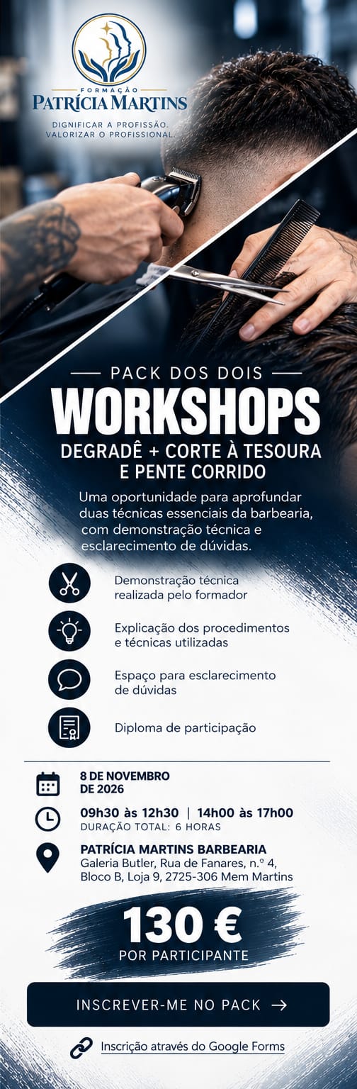 Cartaz do Pack dos Dois Workshops: Degradê e Corte à Tesoura e Pente Corrido