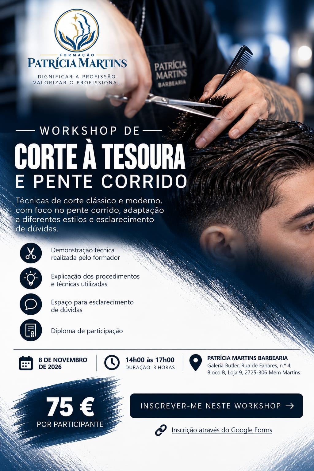 Cartaz do Workshop de Corte à Tesoura e Pente Corrido